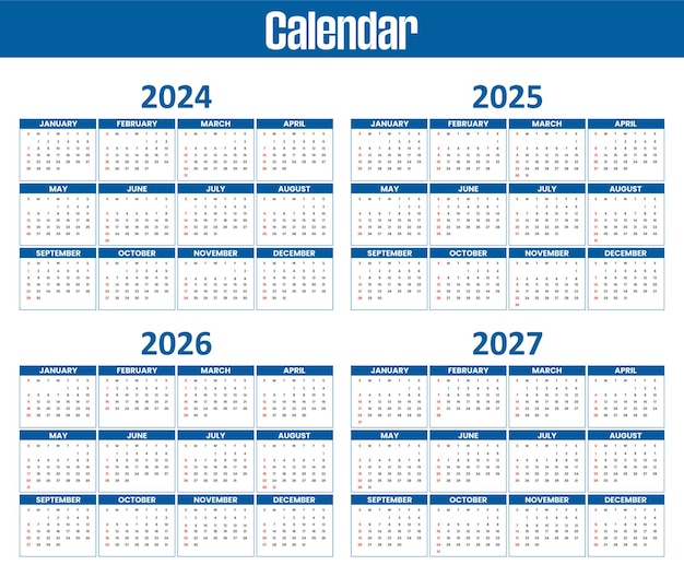 Vector set of 2024 2025 2026 2027 calendar template