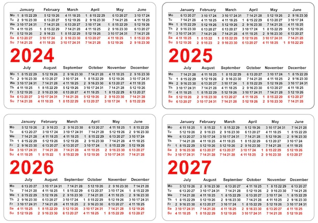 Vettore set 2024 2025 2026 2027 semplice modello di griglia di calendario di tasca orizzontale isolato su vettore bianco