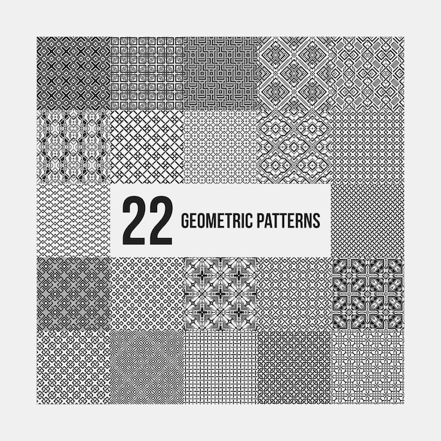 Set of 22 complex monochrome geometric patterns. Seamless backgrounds, useful for textile design.