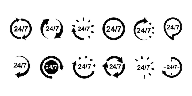 Set of 24 7 vector icons. Always open. 24h on day service or delivery. Online support.