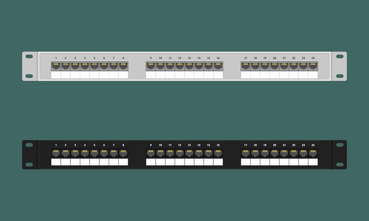 Vector set of 24 ethernet ports patch panels for a 19 inch server rack or cabinet