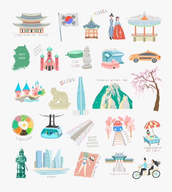 Set di 25 attrazioni e attrazioni della corea del sud con illustrazioni vettoriali piatte doodle