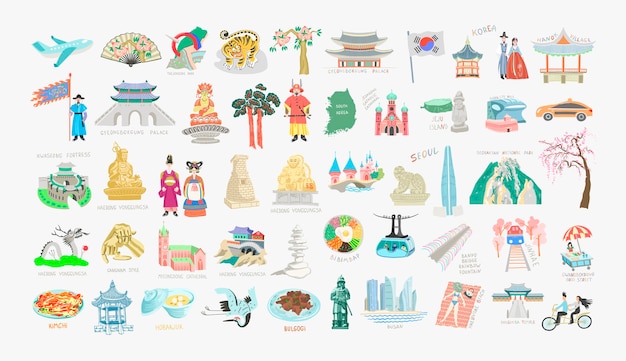 Set of 25 doodle vector illustration sights of South Korea travel collection