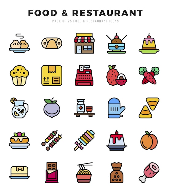 Vector set of 25 food and restaurant lineal color icons pack