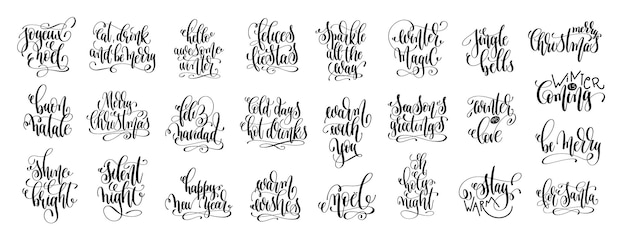 set of 25 hand lettering inscription to winter holiday design and christmas greeting card, black ink calligraphy vector illustration collection