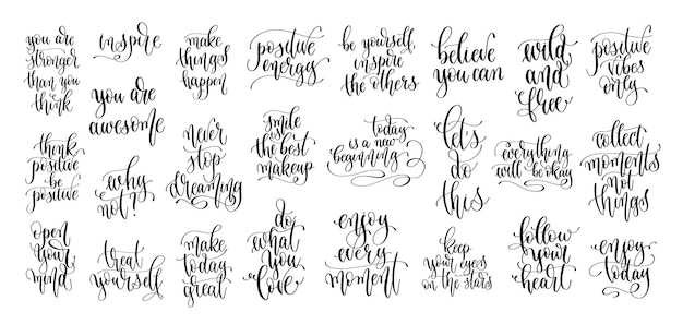 Vector set of 25 hand lettering motivation and inspiration positive quote