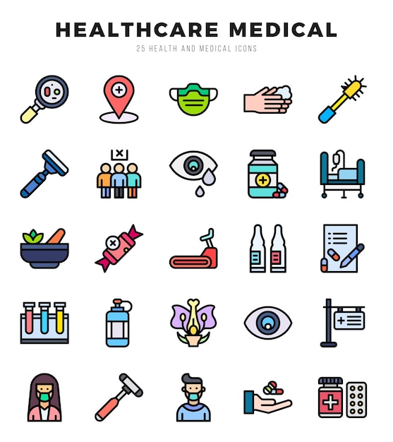 Set of 25 HEALTHCARE MEDICAL Lineal Color Icons Pack