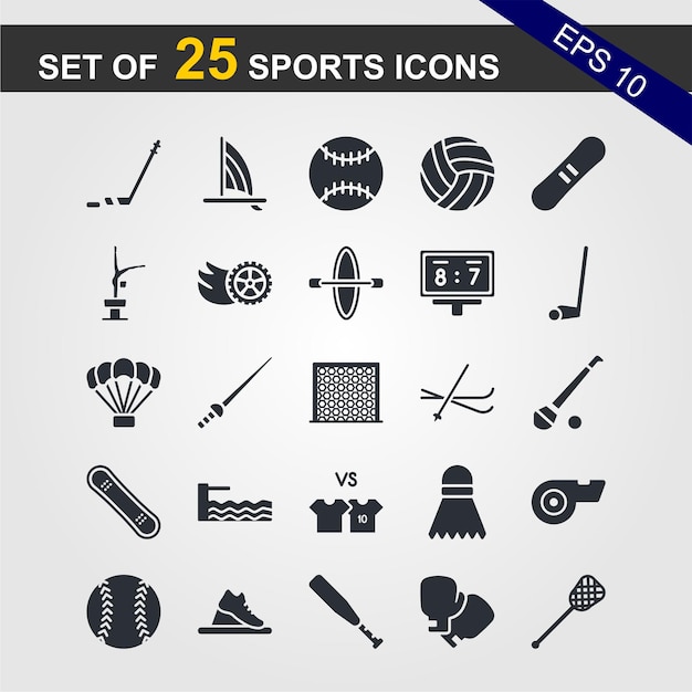 Vector a set of 25 icons for a sports game including a hockey stick etc