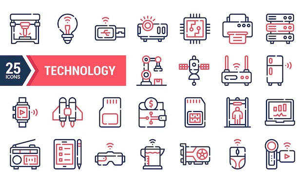 25 つの赤いラインのテクノロジーアイコン