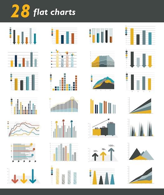 Vector set of 28 flat charts, diagrams for infographic.