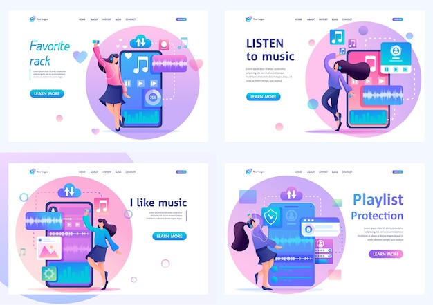 Set 2D Flat concepts Young girls listen and dance to music favorite tracks on the playlist For Landing page concepts and web design