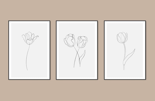 Set of 3 abstract tulip line drawing wall art print flowers vector cover background