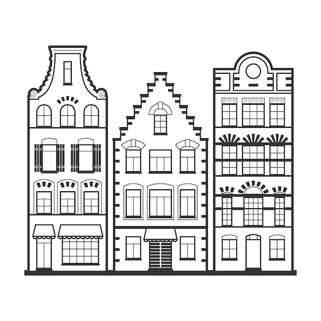 Set of 3 Amsterdam old houses facades. Traditional architecture of Netherlands. Line style black and white vector flat isolated illustrations in the Dutch style. For coloring, design, background.