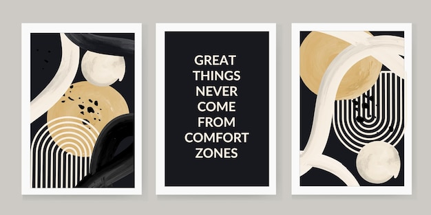 Vector set of 3 creative abstract watercolor illustrations great things never come from comfort zones