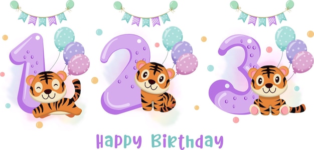 Vector set of 3 cute tiger happy birthday 1 2 3 years vector illustration of a cartoon