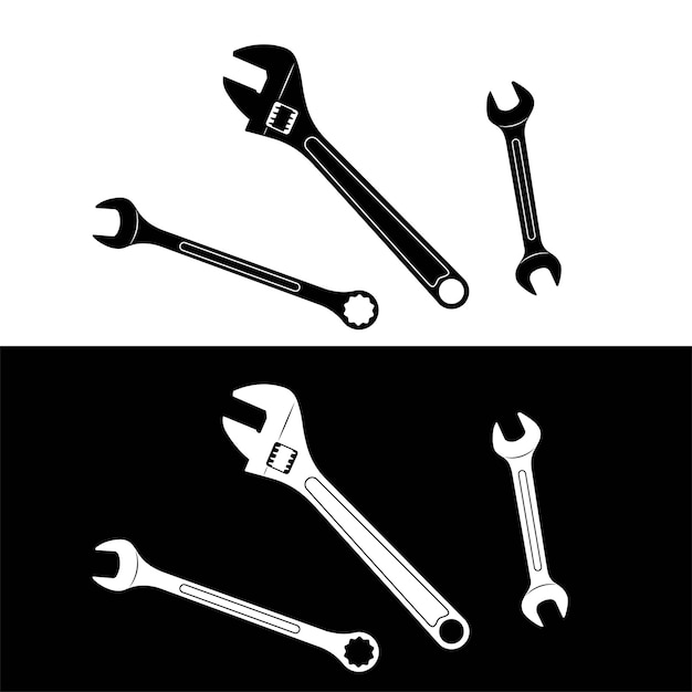 Set of 3 different types of spanner silhouette vector Work tool icon