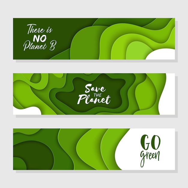 Vector set of 3 earth day abstract organic paper cut dynamical waves fluid shapes green horizontal banner