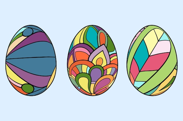 Set di 3 ornamenti vettoriali colorati con uova di pasqua