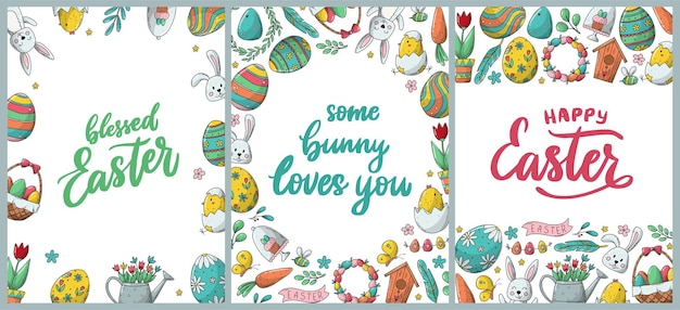 set of 3 Easter greeting cards, posters, prints, invitations, templates with lettering quotes