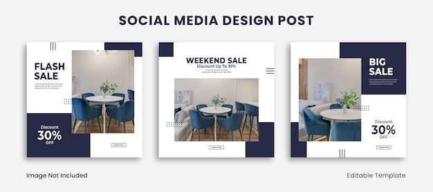 Set of 3 Editable Template Social Media Instagram Design Post with Rectangle Frame and Blue Navy Col