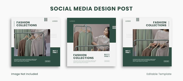 Set of 3 Editable Templates Social Media Design Post with Minimalist and Modern Style Green Color Theme Suitable for Sale Banner Branding Promotion Presentation Advertising Fashion Sale Layout