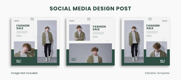 Set di 3 modelli modificabili social media design post con tema di colore verde in stile minimalista e moderno adatto per la vendita banner branding promozione presentazione pubblicità moda layout di vendita