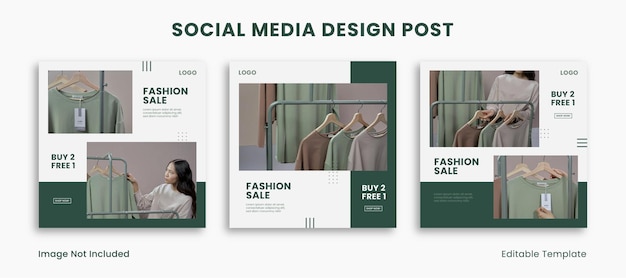 Set of 3 Editable Templates Social Media Design Post with Minimalist and Modern Style Green Color Theme Suitable for Sale Banner Branding Promotion Presentation Advertising Fashion Sale Layout