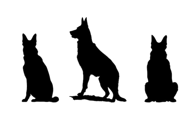 Vector set of 3 german shepherd silhouette front and side view