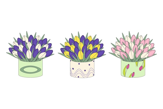 Set of 3 large bouquet of colorful tulips in circular box in cartoon style in trendy shades 8 March