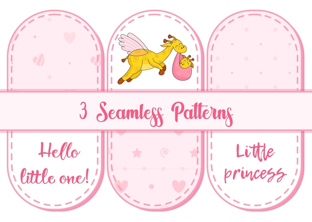 Set of 3 patterns and lettering. A postcard for a newborn. Funny flying giraffe. Hello Baby. Congratulations on the birth of a child. Birth certificate. Hello world.