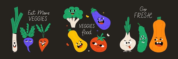 Set of 3 postcards cute vegetable character with funny kawaii face hand drawn cartoon cute