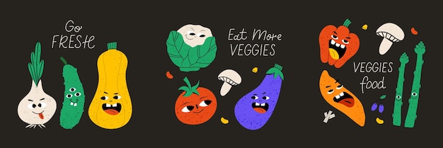 Set of 3 postcards cute vegetable character with funny kawaii face hand drawn cartoon cute