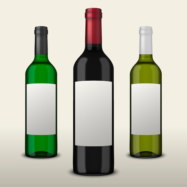 Vector set 3 realistic wine bottles with blank labels isolated on white background.