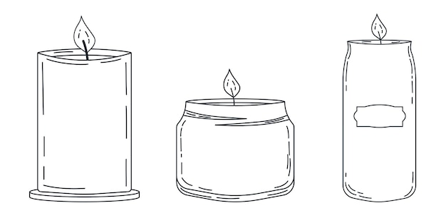 Set of 3 scented candles. Icons for goods and items. Finished logo. Vector stock illustration.