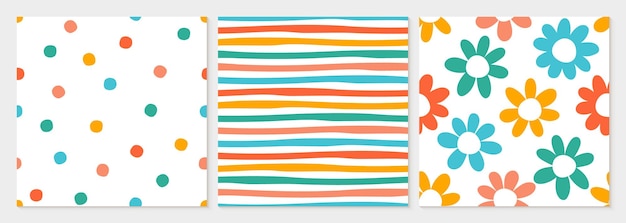 Набор из 3 бесшовных узоров. Симпатичные принты с цветами, точками и полосками для ткани, одежды или игрушек.
