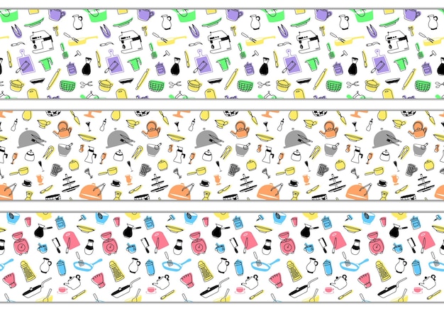 Set of 3 seamless patterns with hand drawn linear doodle kitchenware. Cooking endless wallpapers
