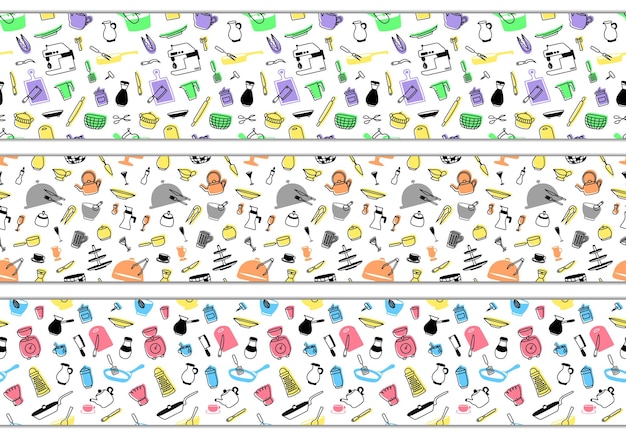 Set of 3 seamless patterns with hand drawn linear doodle kitchenware. cooking endless wallpapers