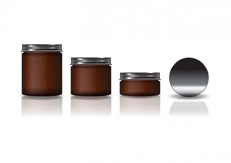 Vector set of 3 sizes brown cosmetic round jar with black lid.