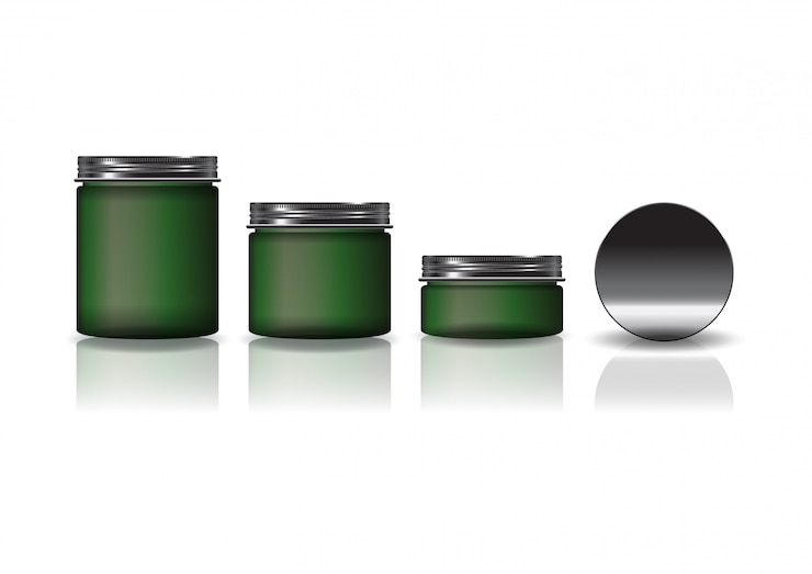 Vector set of 3 sizes green cosmetic round jar with black lid.