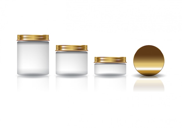 Set of 3 sizes white cosmetic round jar with gold lid for beauty or healthy product.