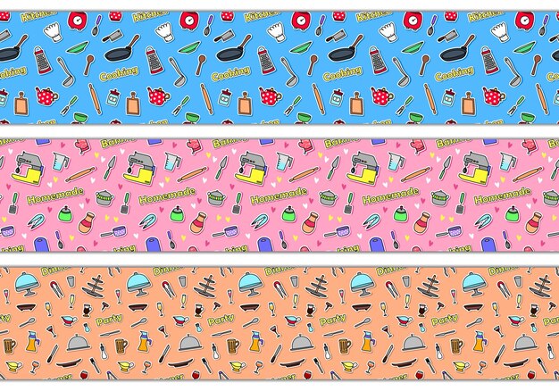 set of 3 various seamless cute patterns with colorful hand drawn kitchenware, cooking tools stickers