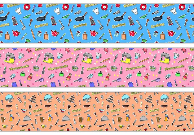 다채로운 손으로 그린 주방용품, 요리 도구 스티커가 포함된 3개의 다양한 매끄러운 귀여운 패턴 세트