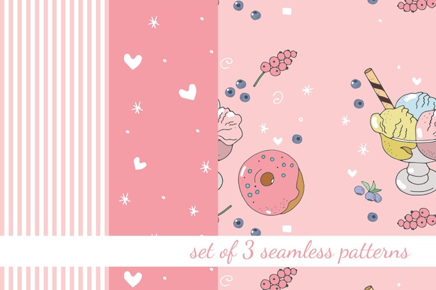 Set of 3 vector seamless patterns with desserts and decorative elements in cartoon style