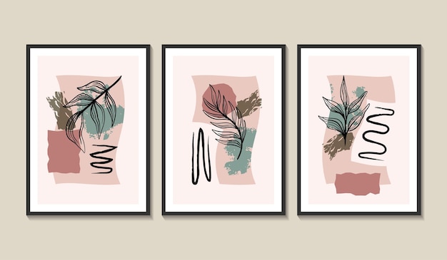 Set of 3 wall art poster with outline leaves and abstract shapes