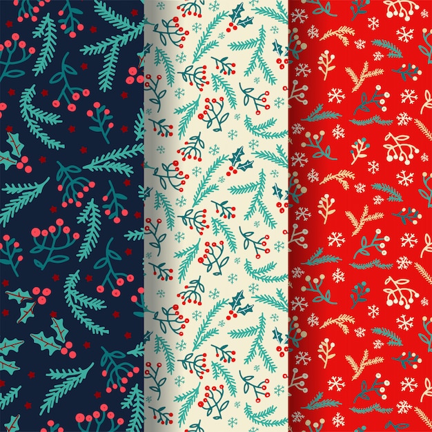 Set of 3 Winter seamless patterns with decorative winter elements. 