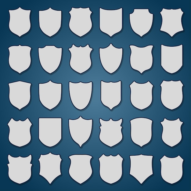 Set of 30 blank shields on blue background