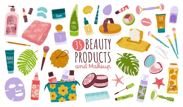 Set of 30 decorative beauty products cosmetics and makeup in bottles tubes jars and dispensers
