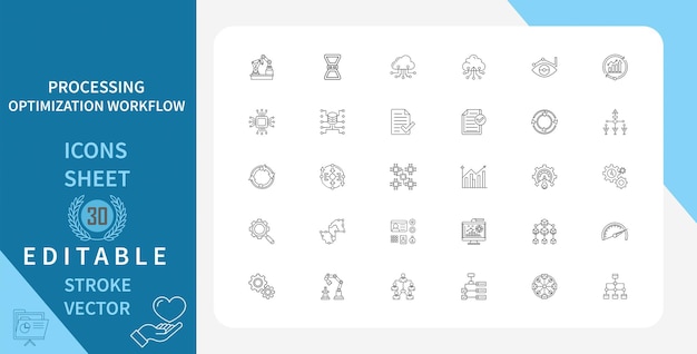 Set of 30 editable stroke vector icons depicting processing optimization workflow