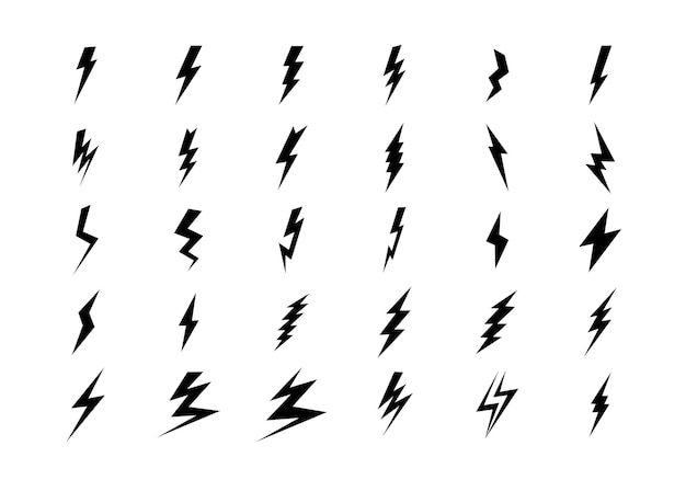 Set of 30 Lightning flat icons Thunderbolts icons isolated on white background Vector illustration