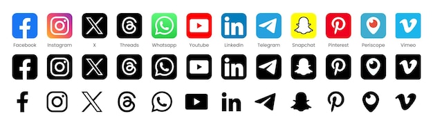36のソーシャルメディアアイコンセットには,Facebook,Instagram,Linkedin,WhatsApp,YouTubeのアイコンが含まれています.